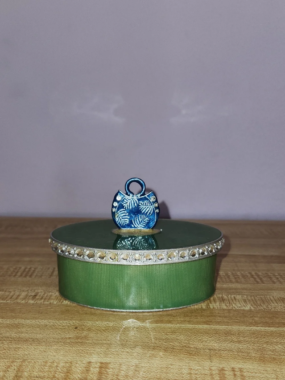 Green Enameled Metal Trinket Box decorated with rhinestones